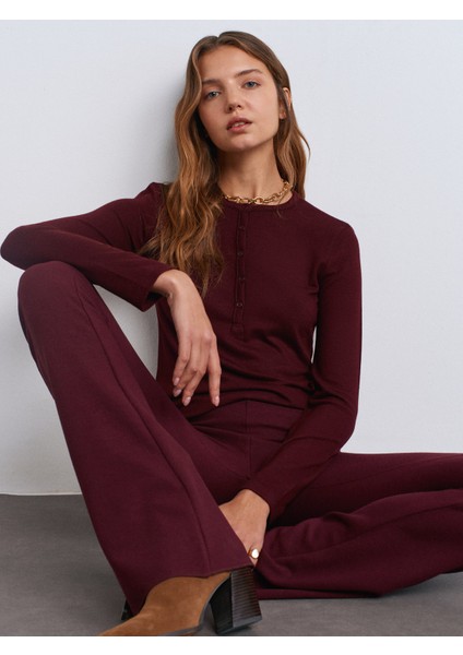 31544 Düğmeli Uzun Kollu Top-Bordo indirimleri