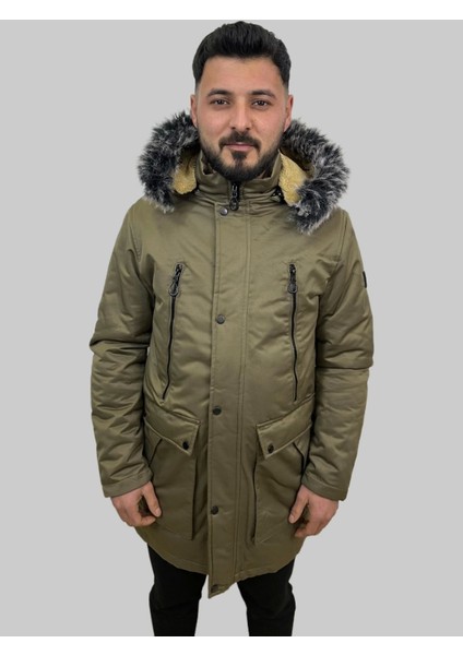Erkek Kapüşon Çıklamlı Içi Kürklü Kanvas Uzun Toprak Parka Kaban
