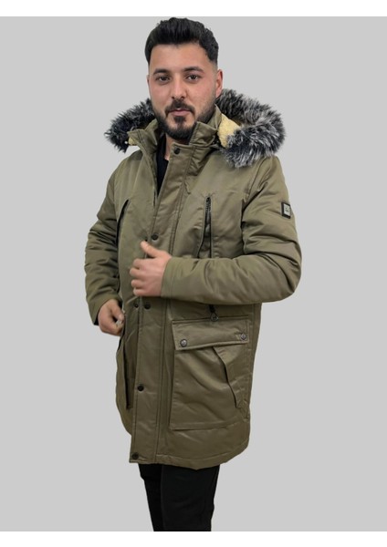 Erkek Kapüşon Çıklamlı Içi Kürklü Kanvas Uzun Toprak Parka Kaban