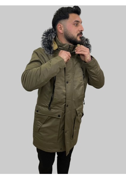 Erkek Kapüşon Çıklamlı Içi Kürklü Kanvas Uzun Toprak Parka Kaban
