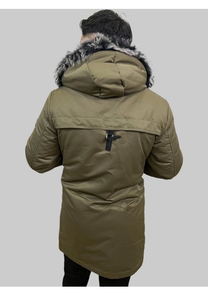 Erkek Kapüşon Çıklamlı Içi Kürklü Kanvas Uzun Toprak Parka Kaban