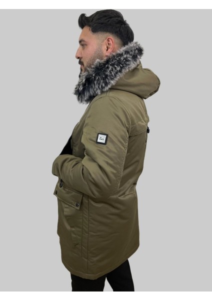 Erkek Kapüşon Çıklamlı Içi Kürklü Kanvas Uzun Toprak Parka Kaban