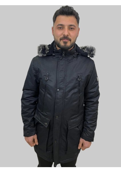 Erkek Kapüşon Çıklamlı Içi Kürklü Kanvas Uzun Siyah Parka Kaban