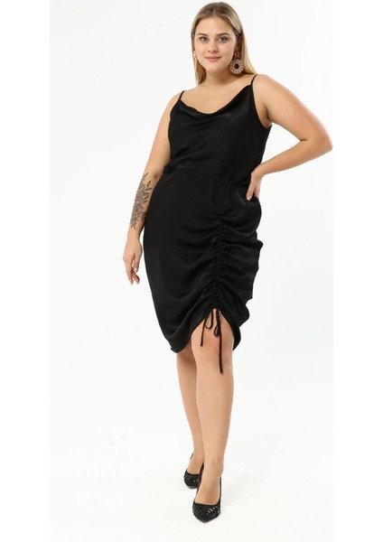 Saten Degaje Yaka Drape Detaylı Elbise