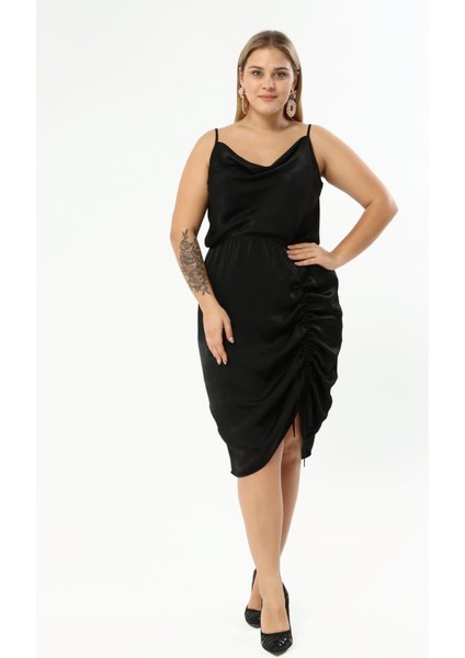 Saten Degaje Yaka Drape Detaylı Elbise