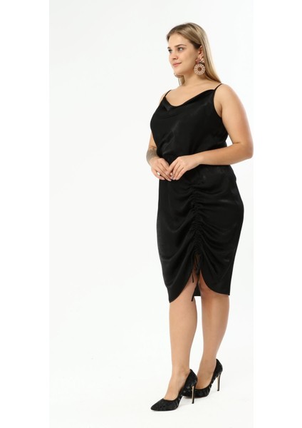 Saten Degaje Yaka Drape Detaylı Elbise