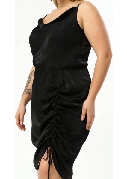 Saten Degaje Yaka Drape Detaylı Elbise