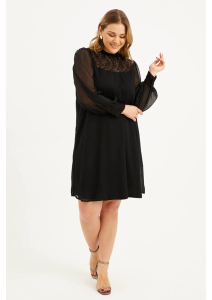 Astarlı Şifon Dantel Detay Elbise