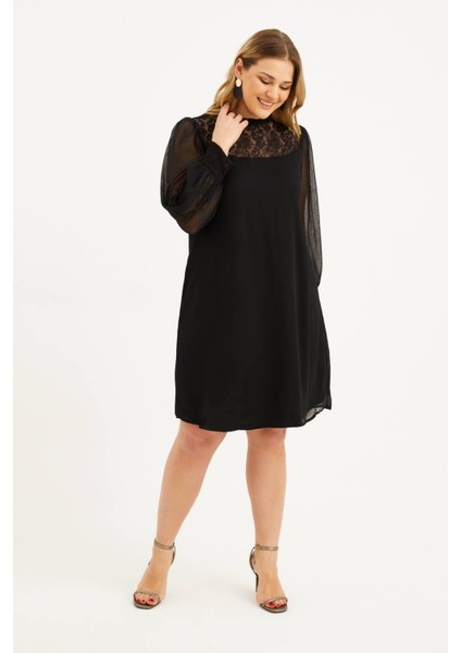 Astarlı Şifon Dantel Detay Elbise