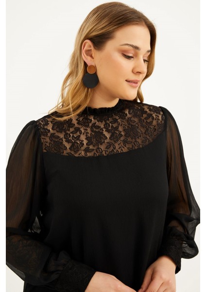 Astarlı Şifon Dantel Detay Elbise