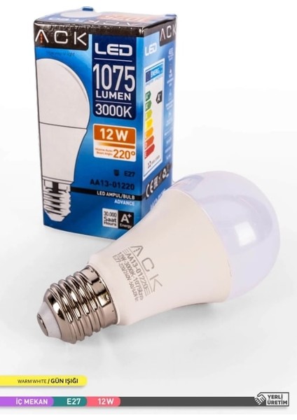 ACK 12W Günışığı LED Ampul 1075 Lümen E27 Duylu Yüksek Işık LED Lamba