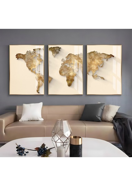Metal Çerçeveli Üçlü Dünya Haritası Cam Tablo