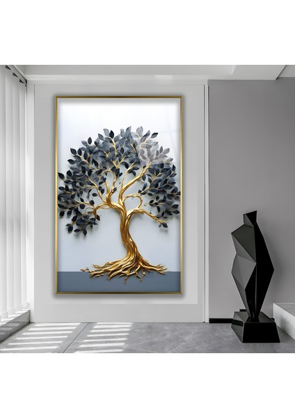 Metal Çerçeveli Gold Ağaç Cam Tablo