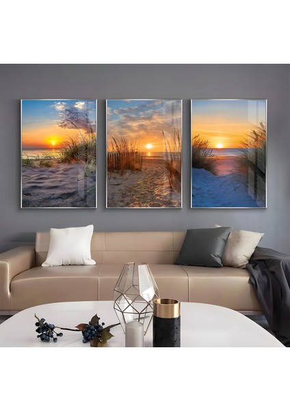 Metal Çerçeveli Üçlü Gün Batımı Cam Tablo