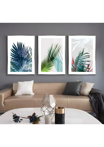 Metal Çerçeveli Üçlü Egzotik Yapraklar Cam Tablo