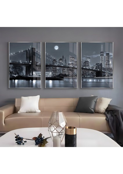 Metal Çerçeveli Üçlü Newyork City Night Cam Tablo