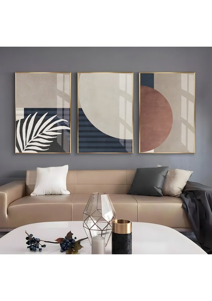 Metal Çerçeveli Üçlü Soyut Desenler Cam Tablo