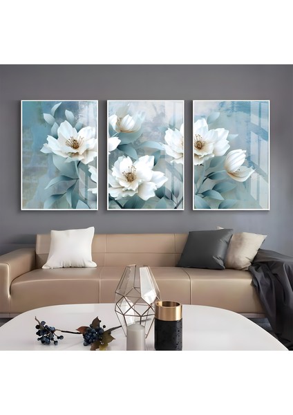 Metal Çerçeveli Üçlü Beyaz Güller Cam Tablo