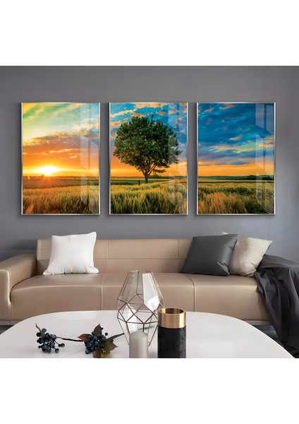 Metal Çerçeveli Üçlü Manzara Cam Tablo