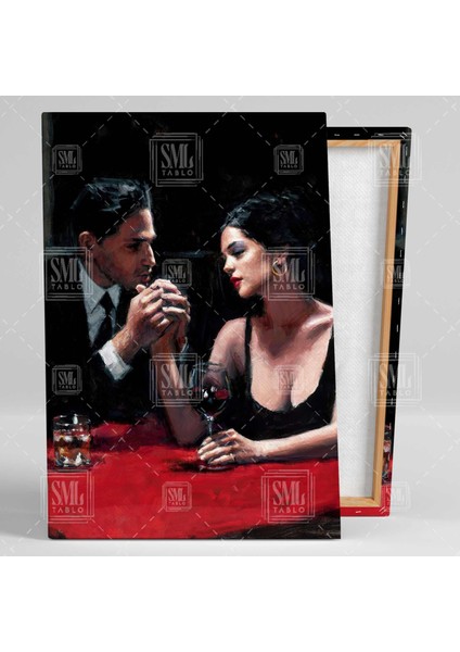 Kırmızı Masada Oturan Romantik Çift Aşk Love Dikey Kanvas Tablo fiyatları