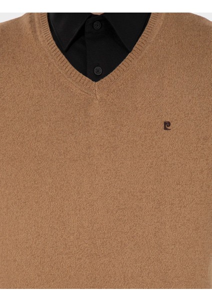 Erkek Camel Melanj Slim Fit V Yaka Basic Triko Kazak 50248554-VR122 fırsatları