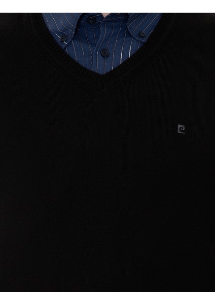 Erkek Siyah Slim Fit V Yaka Basic Triko Kazak 50248554-VR046