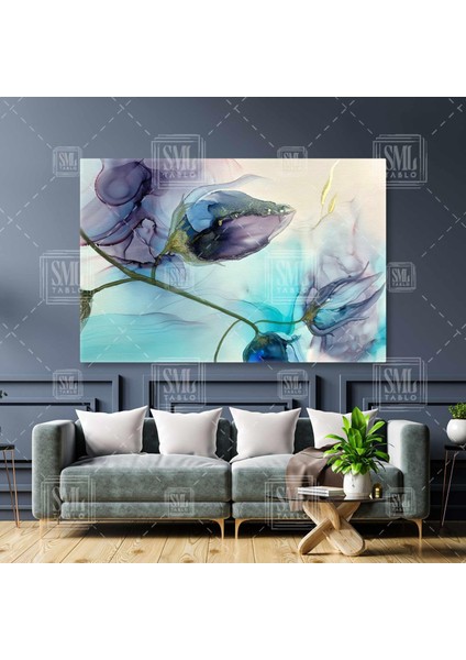 Mavi ve Mor Mürekkep Lale Yatay Kanvas Tablo