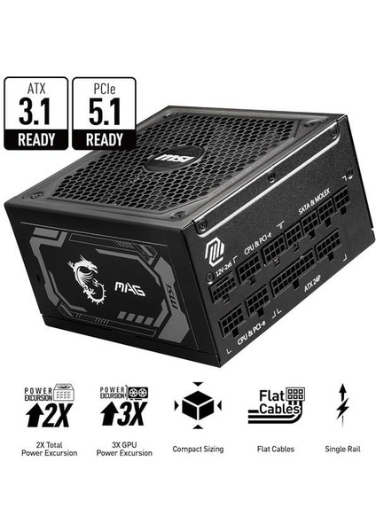 Msı 1000W 80+ Gold Mag A1000GL Pcıe 5.1 Tam Modüler Power Supply