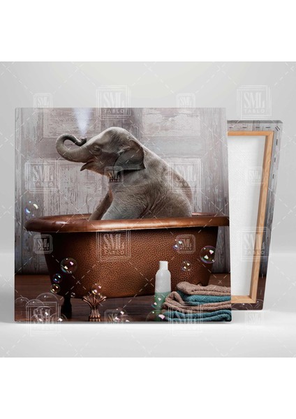 Küvetinde Banyo Yapan Sevimli Yavru Fil Baloncuklar Kare Kanvas Tablo fiyatları