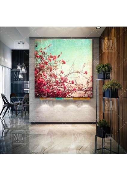 Romantik Manzara Pembe Çiçekli Ağaç Kare Kanvas Tablo