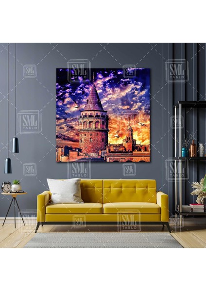 Galata Kulesi Günbatımı Manzarası Kuşlar Dekorasyon Kare Kanvas Tablo