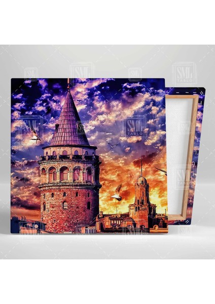 Galata Kulesi Günbatımı Manzarası Kuşlar Dekorasyon Kare Kanvas Tablo fiyatları
