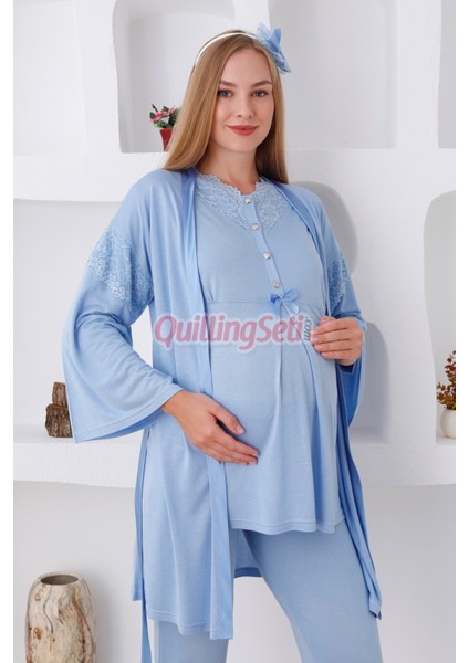 Renk Seçenekli Dantel Detaylı Sabahlıklı 3lü Lohusa Pijama Takımı - 3420 fırsatları