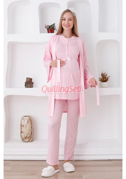 Renk Seçenekli Dantel Detaylı Sabahlıklı 3lü Lohusa Pijama Takımı - 3420