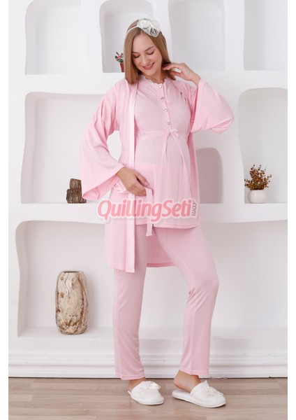 Renk Seçenekli Dantel Detaylı Sabahlıklı 3lü Lohusa Pijama Takımı - 3420 fiyatları