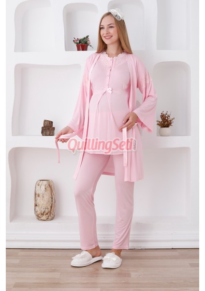Renk Seçenekli Dantel Detaylı Sabahlıklı 3lü Lohusa Pijama Takımı - 3420 fırsatları