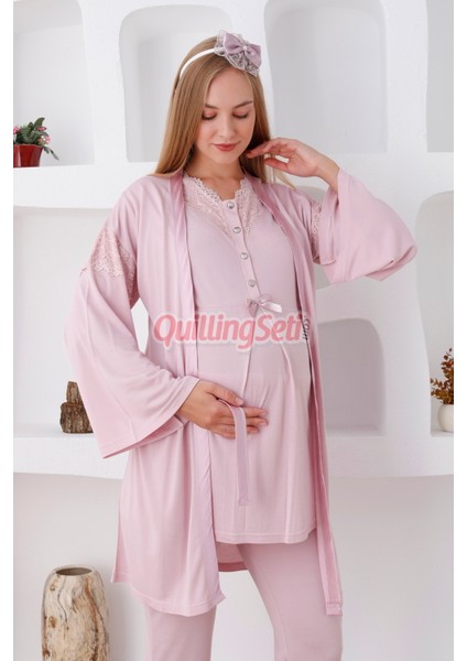 Renk Seçenekli Dantel Detaylı Sabahlıklı 3lü Lohusa Pijama Takımı - 3420 modelleri