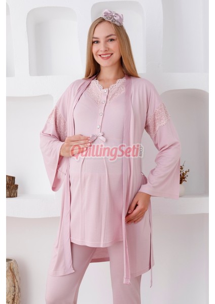 Renk Seçenekli Dantel Detaylı Sabahlıklı 3lü Lohusa Pijama Takımı - 3420 fırsatları
