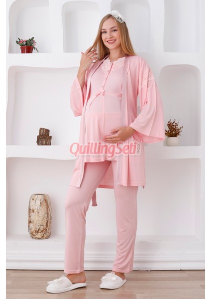 Renk Seçenekli Dantel Detaylı Sabahlıklı 3lü Lohusa Pijama Takımı - 3420