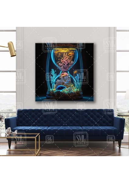 Kum Saati Içerisinde Akvaryum Mercan Resifleri Balıklar Kare Kanvas Tablo