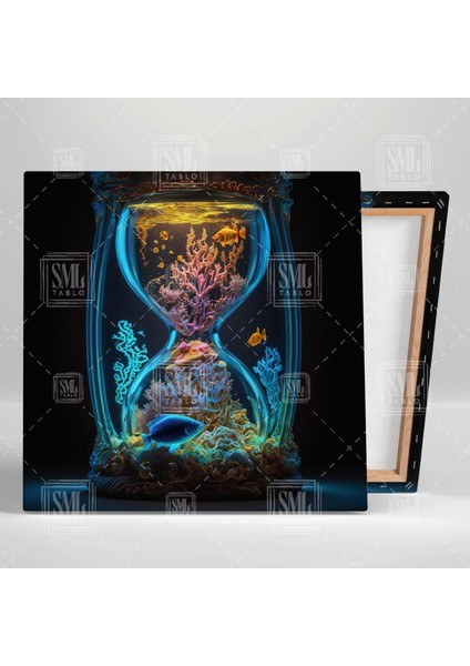 Kum Saati Içerisinde Akvaryum Mercan Resifleri Balıklar Kare Kanvas Tablo fiyatları