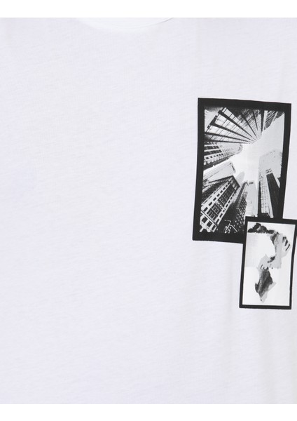 Erkek Beyaz Comfort Baskılı Bisiklet Yaka Tişört 50253983-VR013
