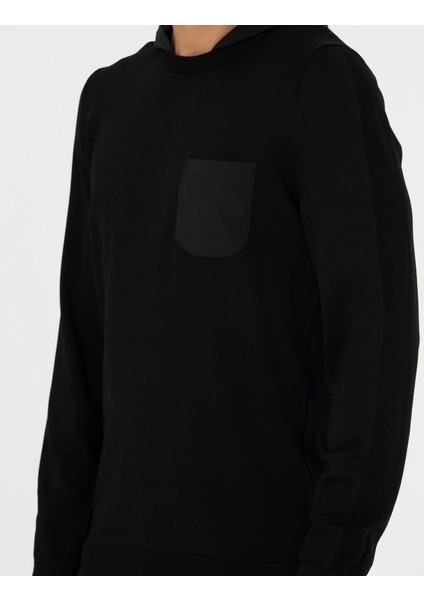 Erkek Siyah Slim Fit Kapüşonlu Triko Kazak 50259852-VR046
