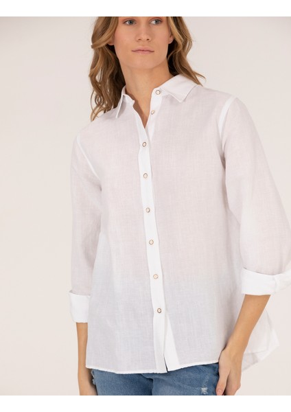 Kadın Beyaz Keten Karışımlı Gömlek 50262568-VR013