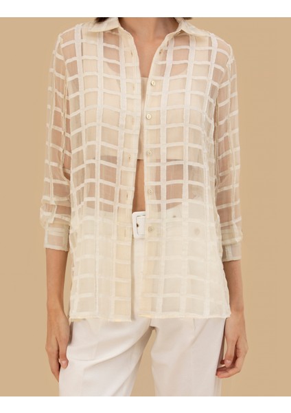 Kadın Krem Transparan Comfort Fit Uzun Kollu Gömlek 50262542-VR071