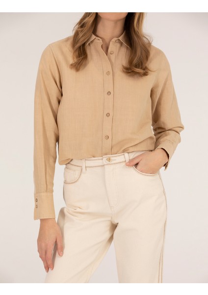 Kadın Bej Keten Karışımlı Gömlek 50262568-VR011