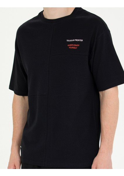 Erkek Siyah Regular Fit Bisiklet Yaka Tişört 50264572-VR046