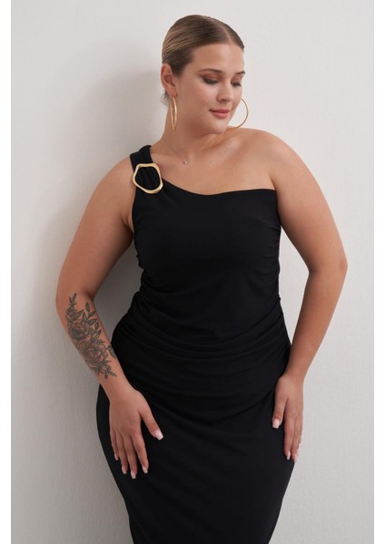 Metal Toka Detaylı Tek Omuz Elbise indirimleri