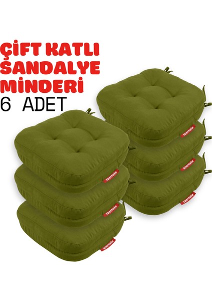 6'lı Çift Kat Sandalye Minderi Fermuarlı Yıkanabilir Kılıf Bağcıklı Su ve Yağ Itici 42 x 42 x 8 Yeşil