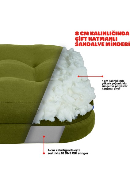 6'lı Çift Kat Sandalye Minderi Fermuarlı Yıkanabilir Kılıf Bağcıklı Su ve Yağ Itici 42 x 42 x 8 Yeşil
